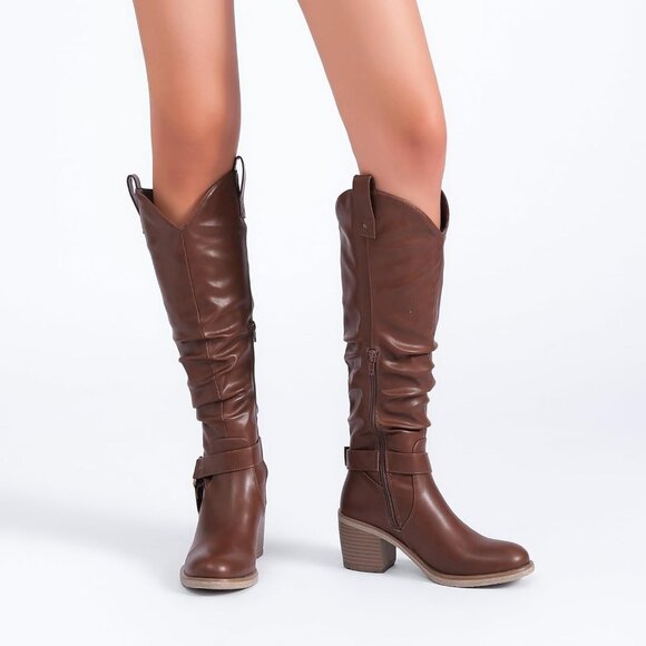 Women's Slouchy Knee High Boots with Chunky Heel Pointed Toe Fall Winter Shoes - Picture 5 of 6